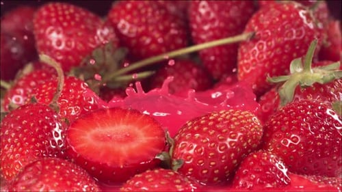 Strawberry Falling in Juice Between Strawberries Slow Motion 1000 Fps