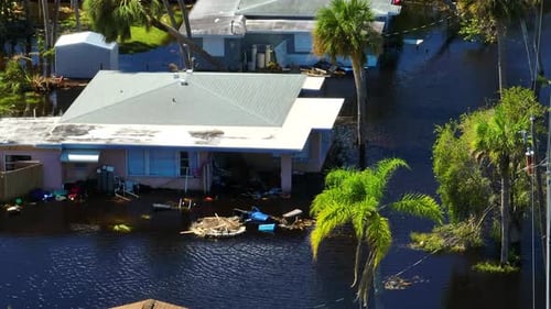 Surrounded By Hurricane Ian Rainfall Flood Waters Homes in Florida Residential Area