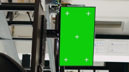 PC de escritorio de oficina con vídeo vertical con pantalla verde