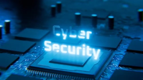 Glowing Cyber Security Text Animation on Digital Circuit Board