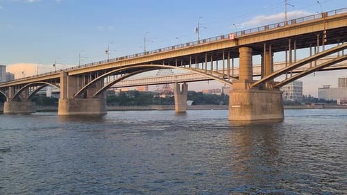 Automobile and metro bridge across the Ob River. Siberia.