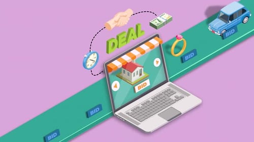 Isometric Online Auction Bidding Process Deal Animation