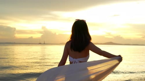 Smiling Young asian woman bikini sexy playing freedom at seaside beach