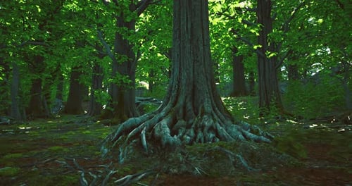 Ancient Forest Roots Intertwine with Vibrant Green Foliage in Serene Woodland