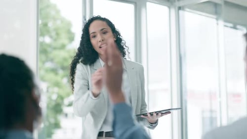 Coach, tablet and presentation with professional in office with questions in a meeting for finance