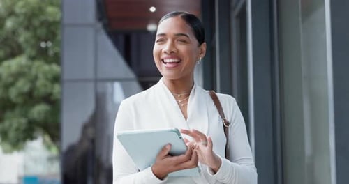 Walking, tablet and happy business woman in city online on morning commute