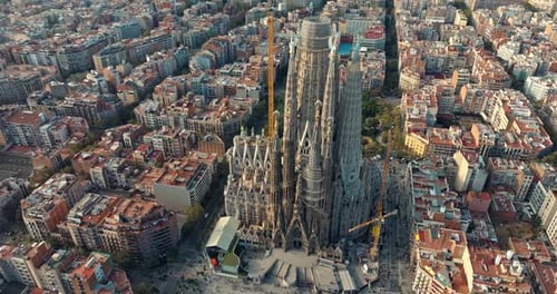 Sagrada Familia and Barcelona Cityscape Aerial View