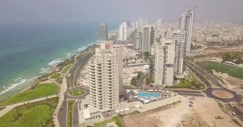 Aerial view of Netanya City and it's coastline- part of the Israeli coastal plain