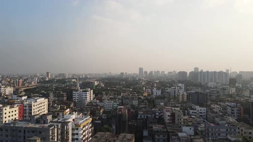 Aerial city infrastructure. Concrete Jungle Urbanization. Establishing ascending drone top shot