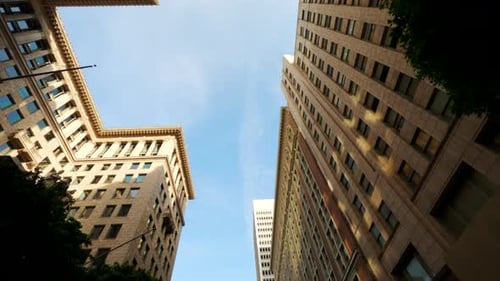 High rise skyscraper cityscape low angle. POV