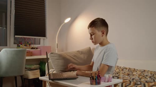 Boy Sitting at Desk with Laptop and Doing Homework