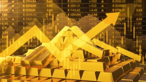 Animated Gold Bars with Financial Market Data and Growth Arrows