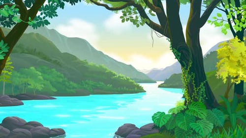 Animated River Valley Landscape with Mountains and Lush Trees