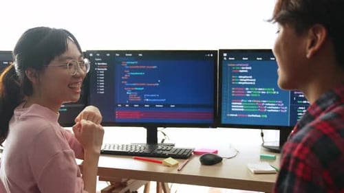 Slow motion back end software developer engineer writing code. Burgeoning