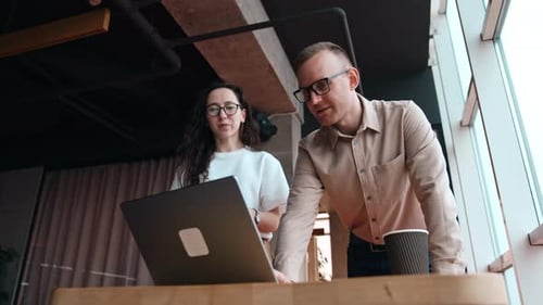 Workmates bent over the laptop standing on the desk. People talk, discuss and laugh. Low angle view.