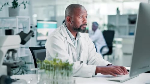 Scientist, work and man with pain from headache at computer with burnout from research