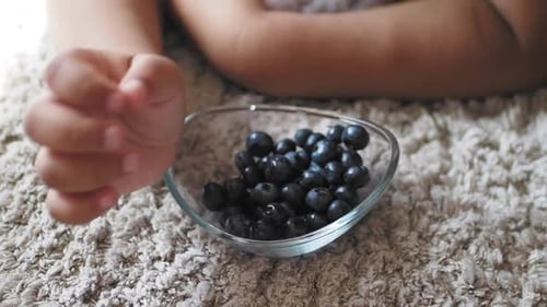 Child Eating Fresh Blueberries from Clear Bowl