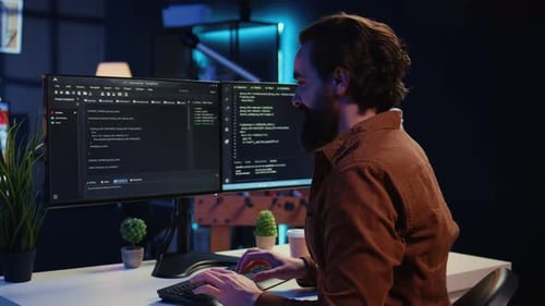 Un informaticien joyeux effectuant un travail contractuel depuis son appartement en écrivant des lignes de code