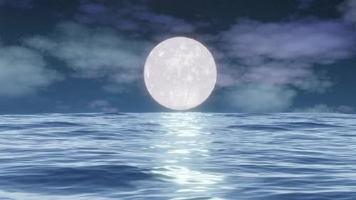 Escena de
naturaleza nocturna con océano y luna llena. Nubes animadas. Lente de enfoque animada.