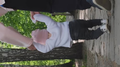 Young Mother Teaching Baby to Walk