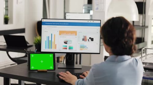 Businesswoman Works at Desk