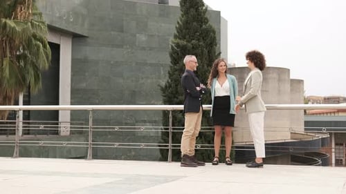 Happy Business Colleagues Talking on Building Terrace