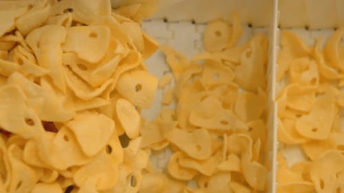 Food Factory Production Manufacturing Crunchy Snack Chips on Conveyor