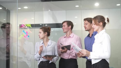 Business people, conversation and brainstorming on glass in office for agenda and surprise by ideas.