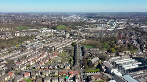 Aerial drone footage of the town of Huddersfield, a market town in the Kirklees district in the UK