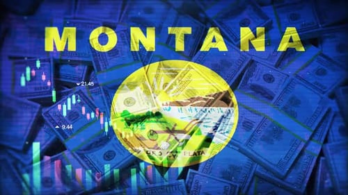 Montana Flag On Economic Background With Decrease Bar Chart Graph And Arrow