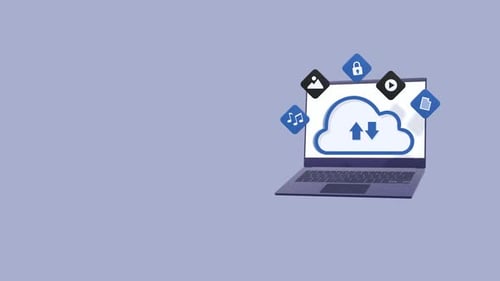Animierter Laptop mit Cloud-Speicher-Symbolen. Konzeptanimation zur Datenspeicherung und Dateiverwaltung.