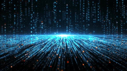 Blue Digital Data Stream Horizon with Glowing Rising Binary code and Futuristic Network Lines.