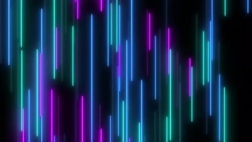 Abstraktes Fliegen im futuristischen Korridor Bunte Laser-Neonlinien mit Dreiecken