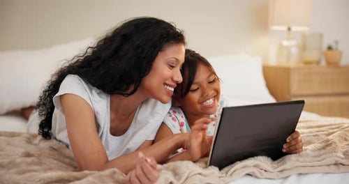 Home, bedroom and mother with girl, tablet and typing with a smile and cartoon with joy on a weekend
