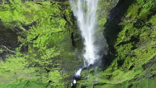 Waterfall in Iceland Nature Morning Magical Aerial Landscape Green Volcanic Mountain