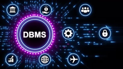 Database Management System DBMS Concept with Digital Network and Icons Keywords