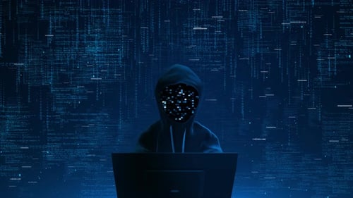 Futuristic Hacker Figure with Falling Digital Code Background