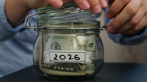 Female Hands Take Money From Glass Jar Full of American Currency Dollars Cash Banknote with Text