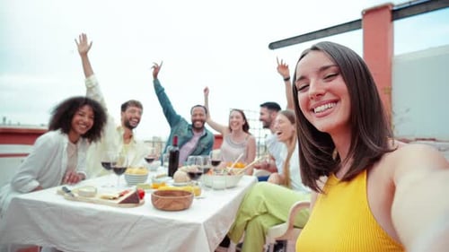 Friends Celebrating Birthday on a City Rooftop