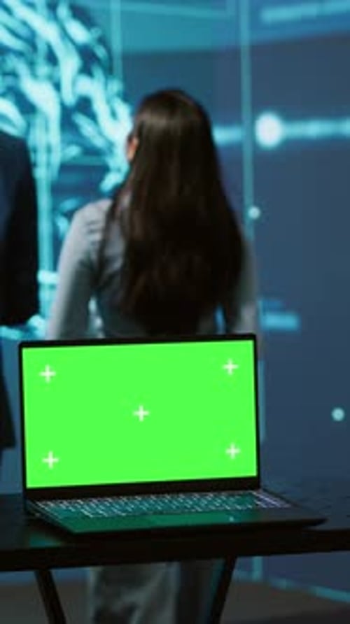 Vertical Video Teamworking AI Technicians Using Green Screen Laptop for Business Data Analysis