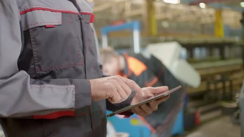 Engineer Hands Man Worker Heavy Industry Plant Factory Tablet Pipe Manufacture Machinery