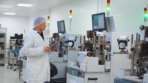 Hightech Machine in Modern Factory An Engineer Specialist Worker Technician at Modern Chip Factory