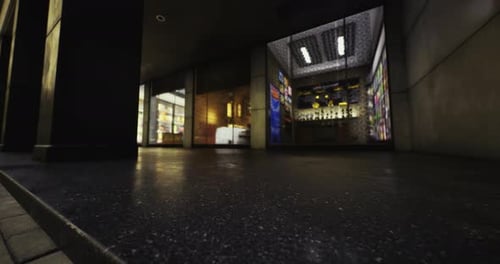 Evening Stroll By Storefronts Showcasing Vibrant Lights and Products