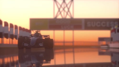 Modern 3D Formula 1 Race Car on Starting Grid at Sunrise