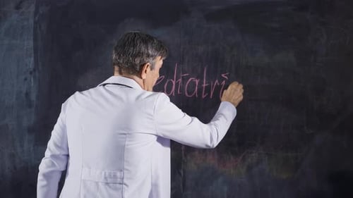 Male doctor writing Pediatrics on the blackboard.