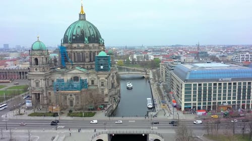Urban aerial video over the city of Berlin Germany