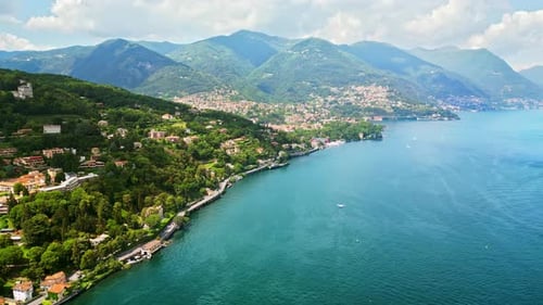 Aerial, drone view of Como, Italy on the shore of Lake Como