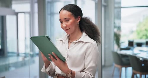 Business, happy and woman with tablet, typing and connection with creative agency or reading a blog