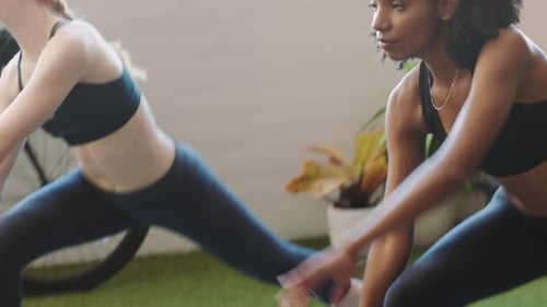 Yoga busy office stretching and women doing fitness for wellness, mental health