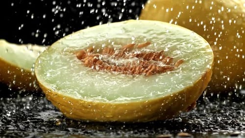 Des gouttes d'eau tombent sur un melon frais filmées par une caméra haute vitesse à 1000 images par seconde